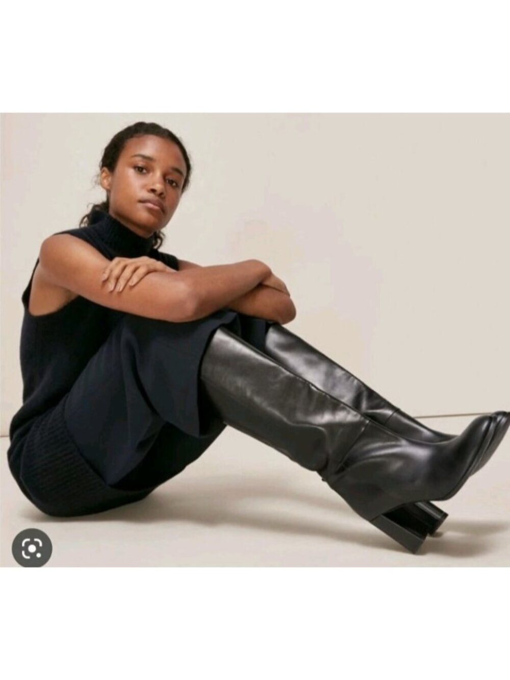 Paige Black Leather Knee High Boots Block Heel Minimalist Tall Zip Riding Boots